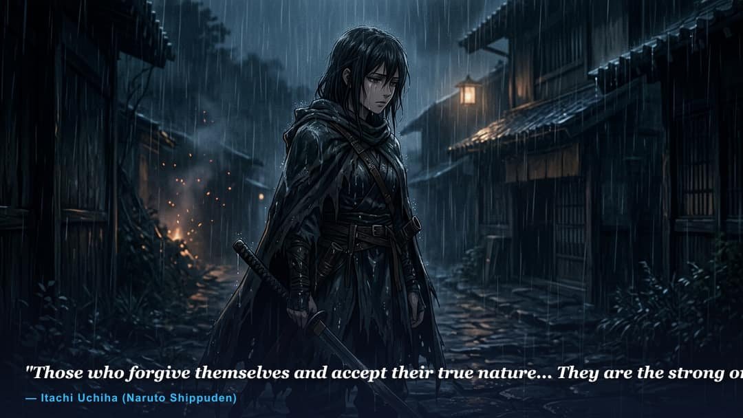 A lone weary warrior standing under heavy rain carrying silent pain with dark cloak and sword