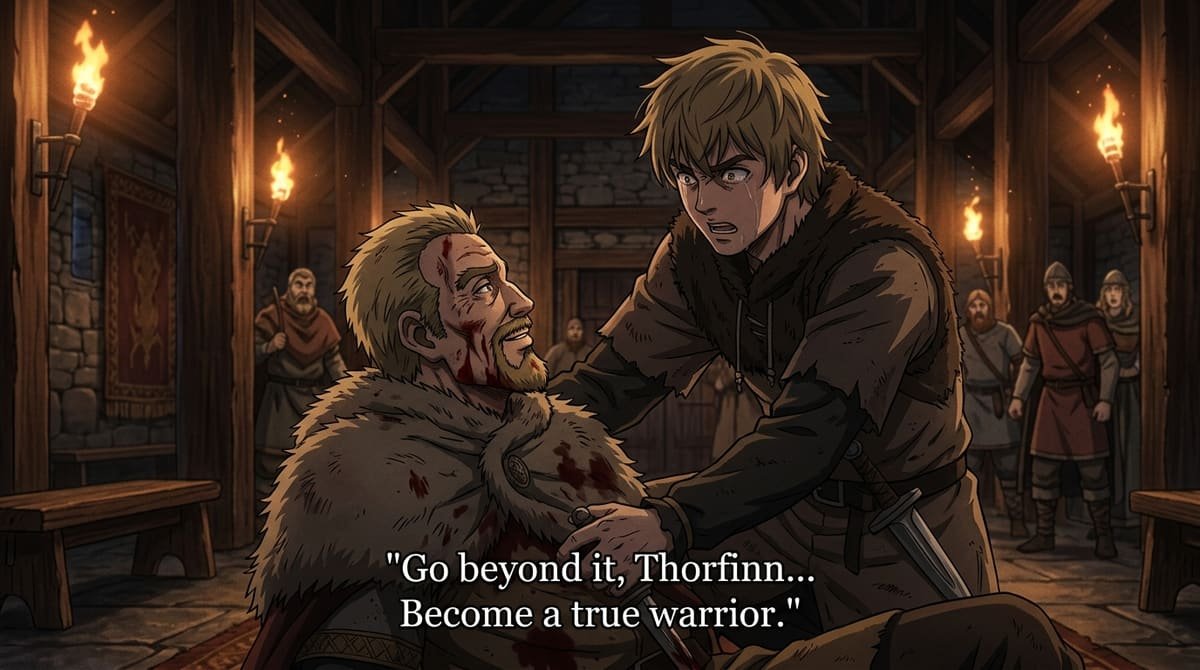 Askeladd dying in Thorfinn arms with quote Become a true warrior Vinland Saga