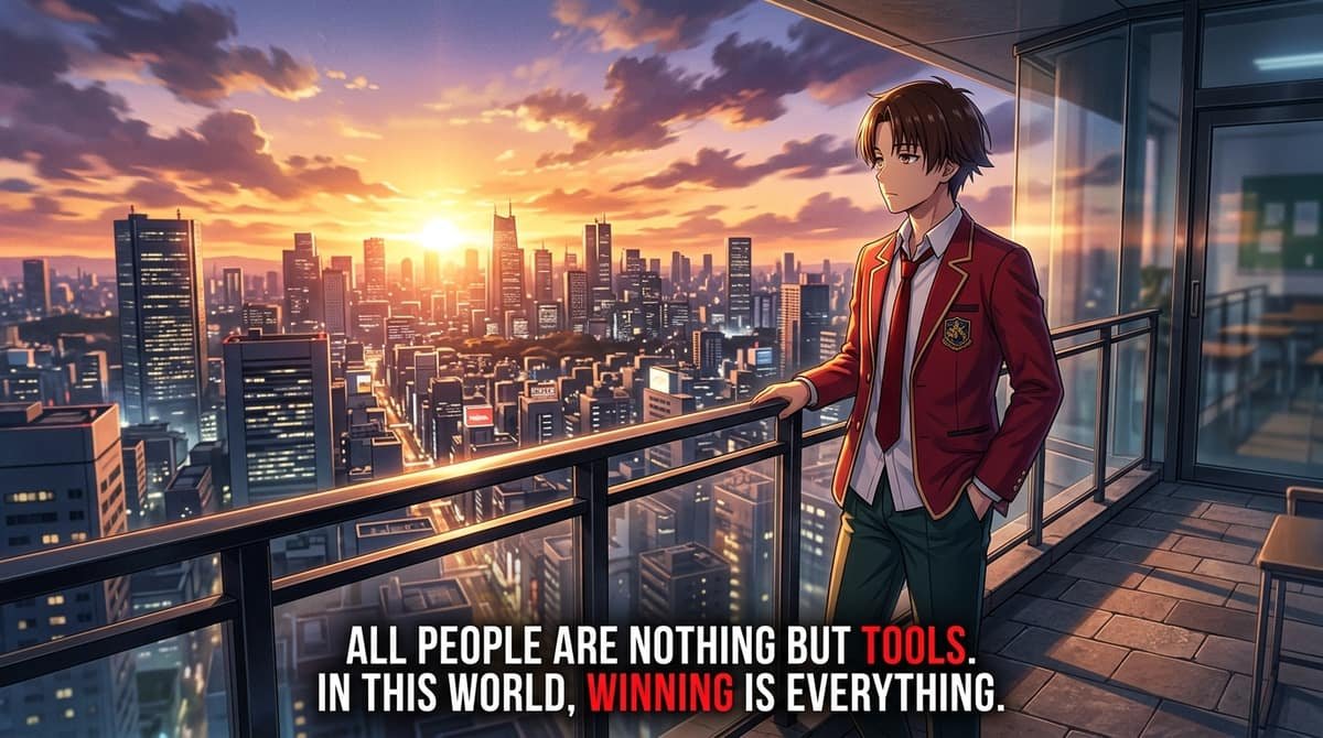 Ayanokoji on balcony looking at Tokyo skyline with quote All people are nothing but tools In this world winning is everything