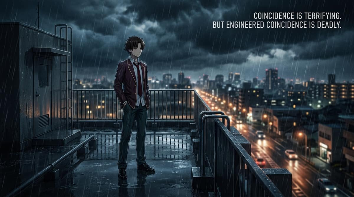 Ayanokoji standing on rainy rooftop at night with quote Coincidence is terrifying But engineered coincidence is deadly