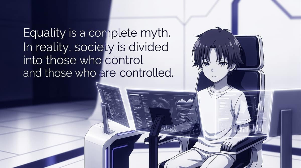 Young child Ayanokoji in White Room with quote Equality is a complete myth Society is divided into those who control and those who are controlled