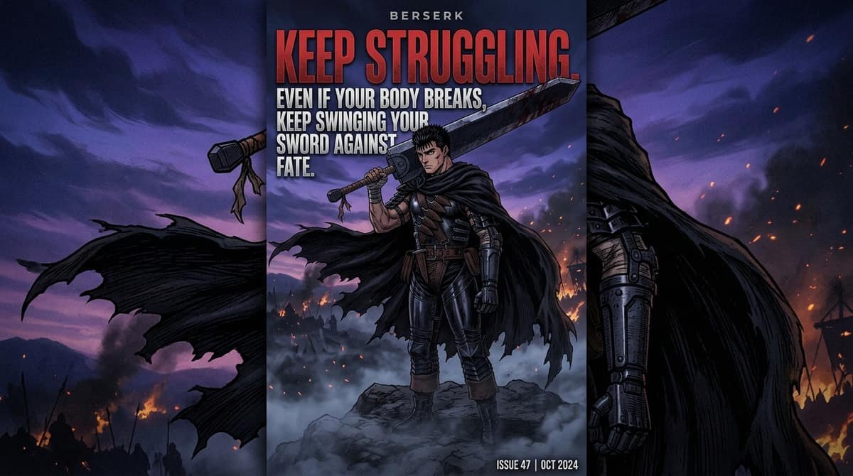 Guts Black Swordsman holding Dragon Slayer with quote Keep struggling Even if your body breaks keep swinging your sword against fate