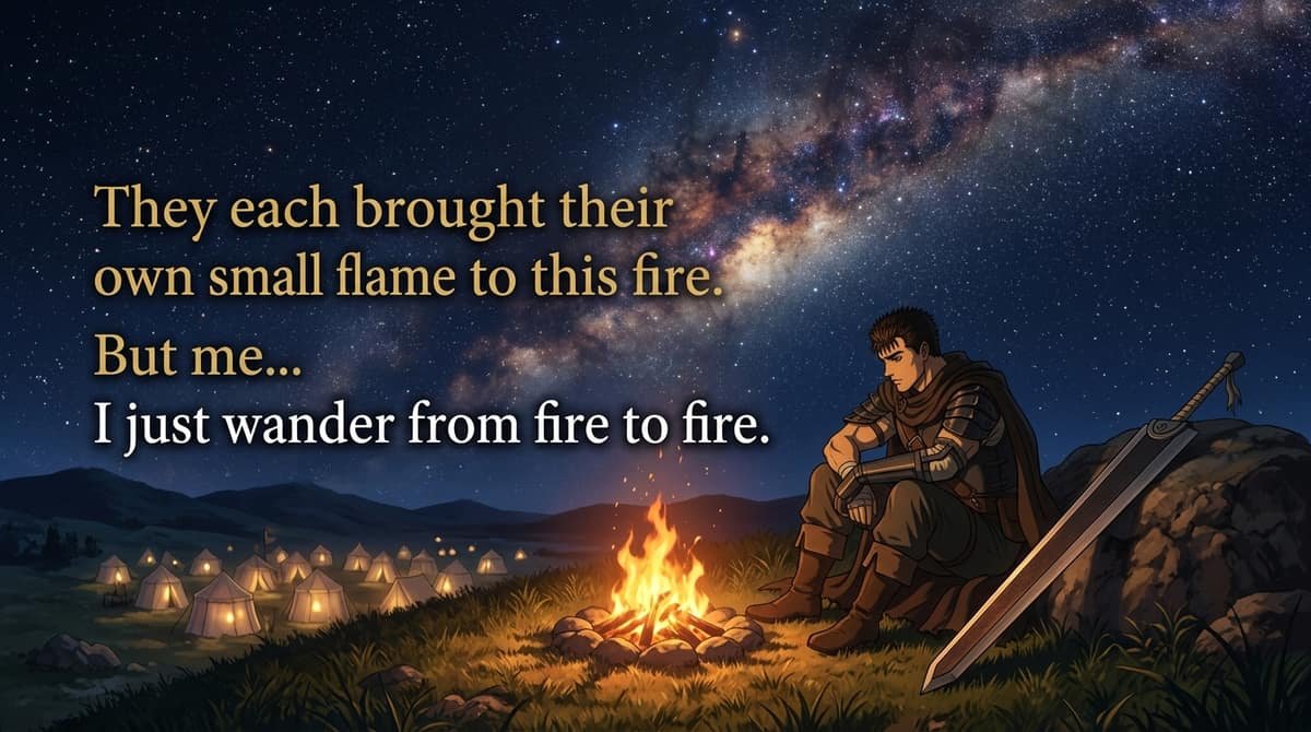 Guts sitting by campfire under starry sky with quote They each brought their own small flame to this fire But me I just wander from fire to fire