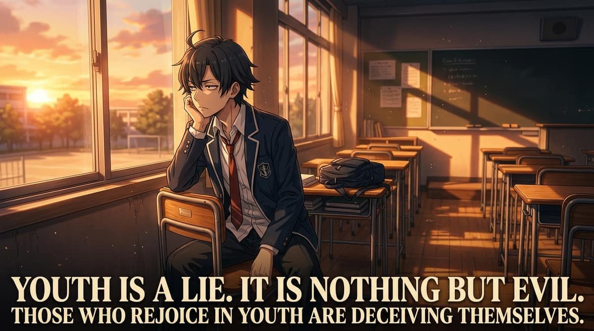 Hachiman sitting alone by classroom window with quote Youth is a lie It is nothing but evil