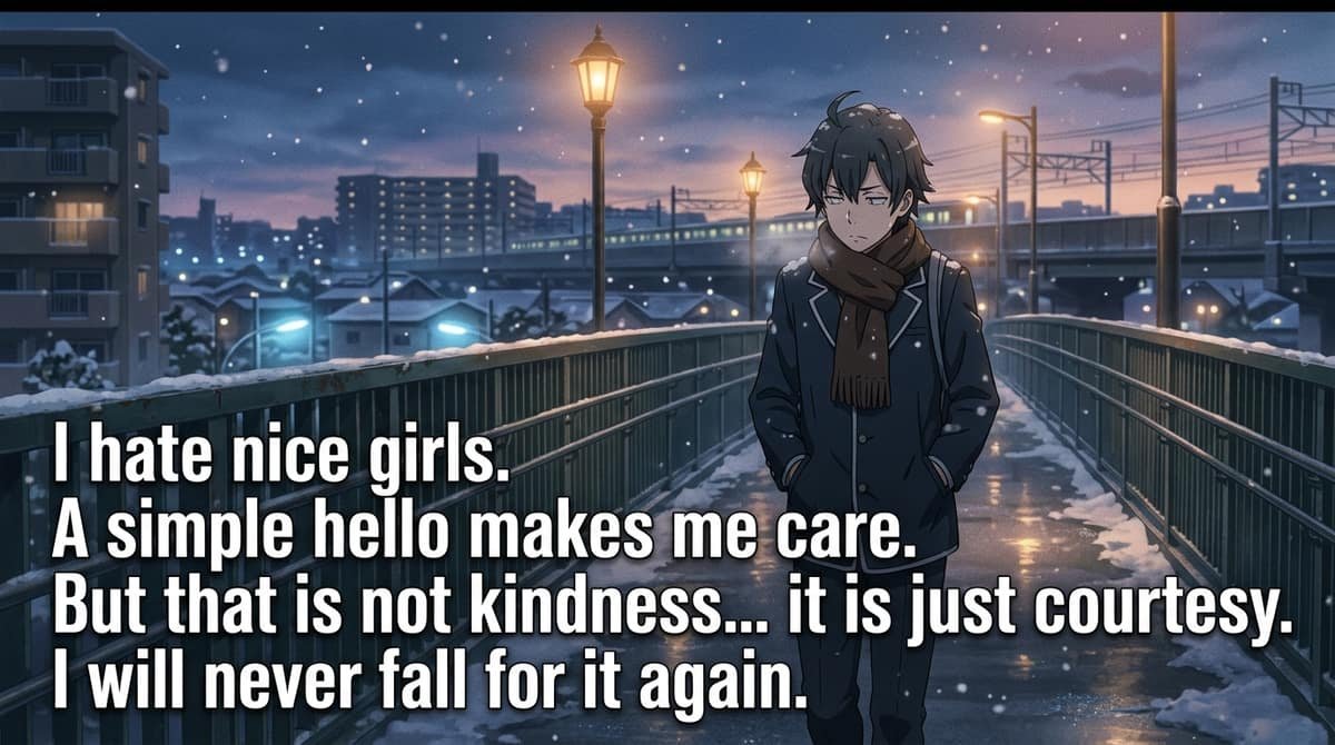 Hachiman walking in snow on bridge with quote I hate nice girls Kindness is just courtesy I will never fall for it again