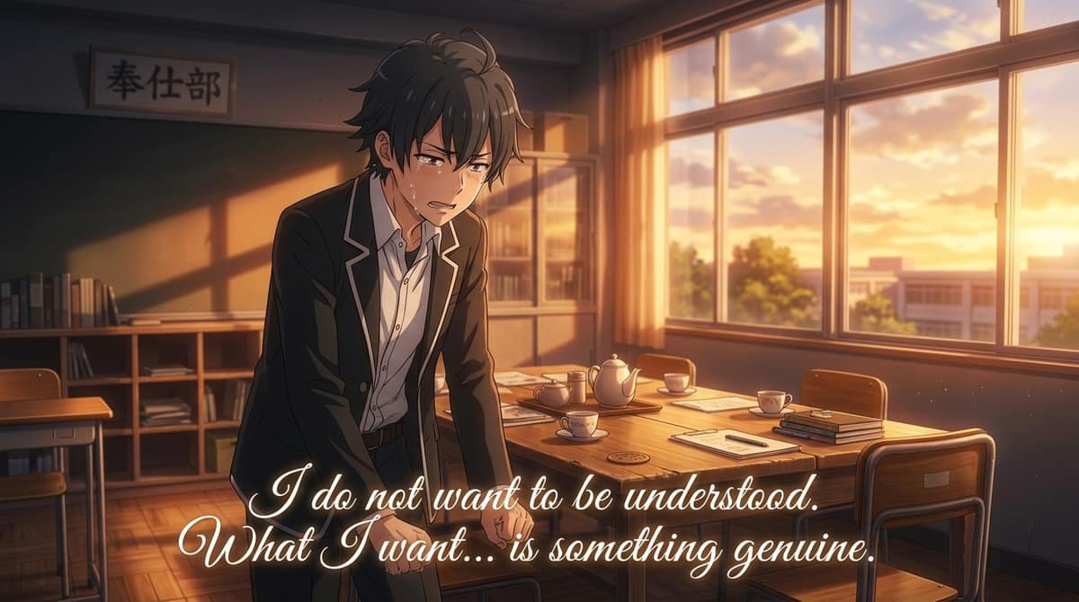 Hachiman crying in Service Club room with quote I do not want to be understood What I want is something genuine