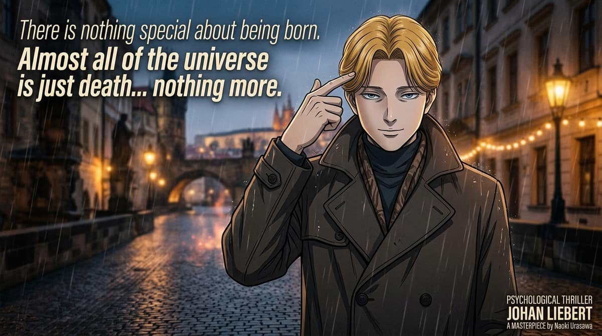 Johan Liebert pointing finger to head with quote There is nothing special about being born Almost all of the universe is just death