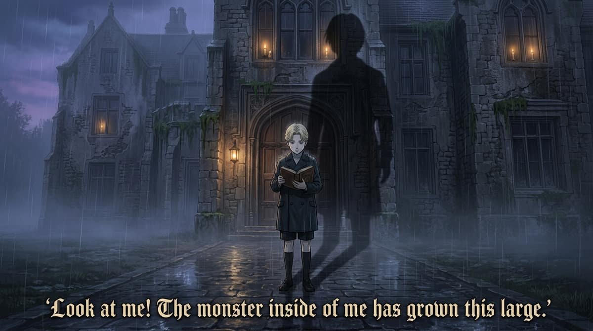Young Johan Liebert in front of mansion with quote Look at me The monster inside of me has grown this large