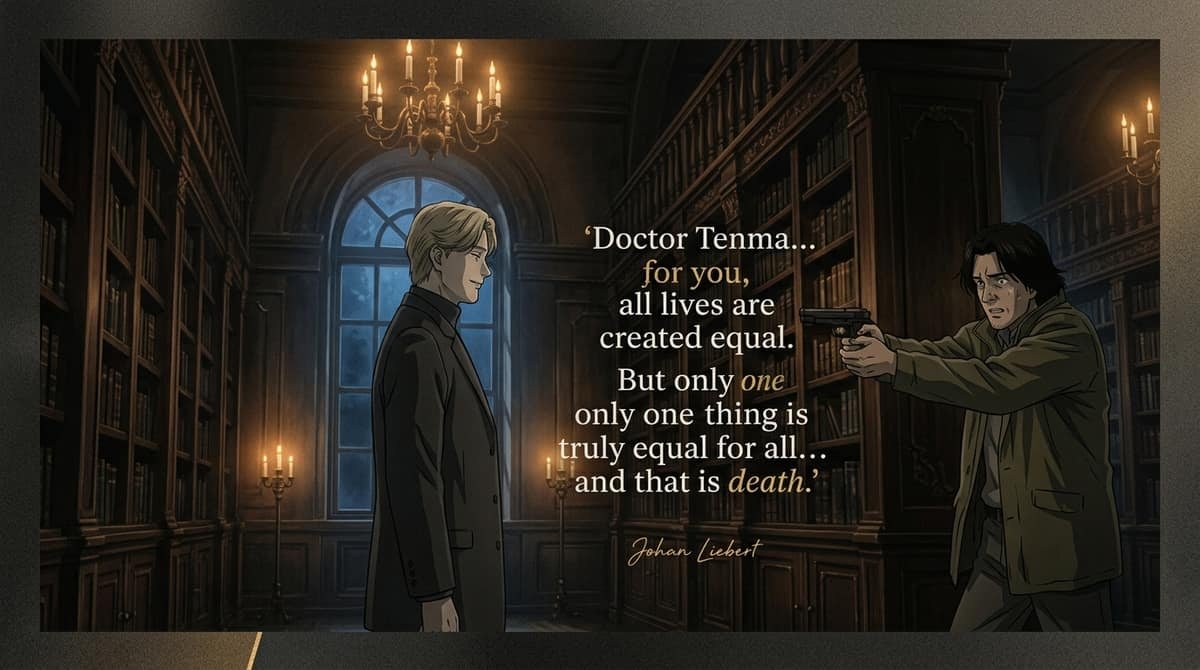 Johan Liebert facing Dr Tenma in library with quote Only one thing is truly equal for all and that is death