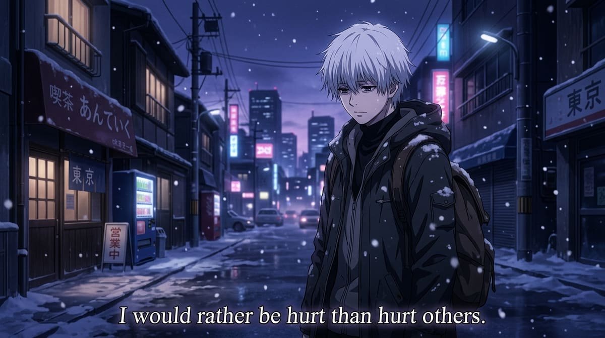 Ken Kaneki walking in snow with quote I would rather be hurt than hurt others