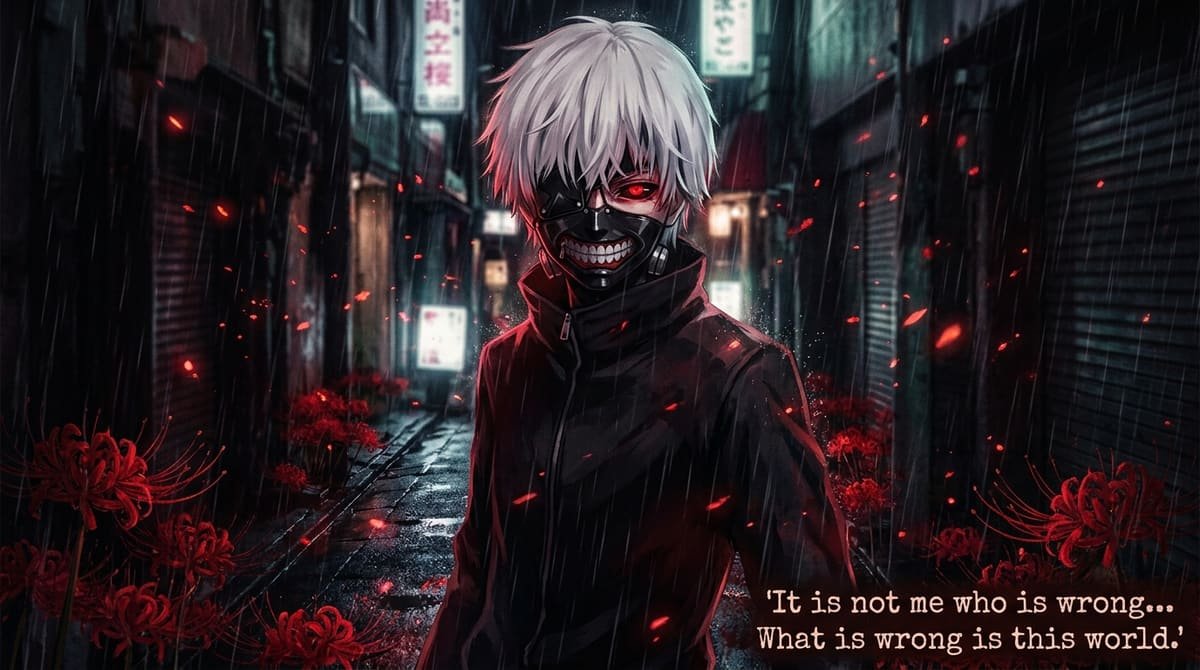 Ken Kaneki white hair with quote What is wrong is this world in Tokyo Ghoul