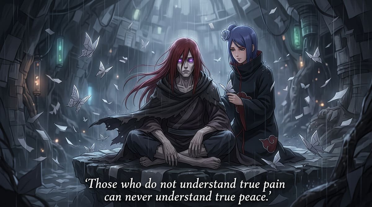 Nagato and Konan in paper tree with quote Those who do not understand true pain can never understand true peace
