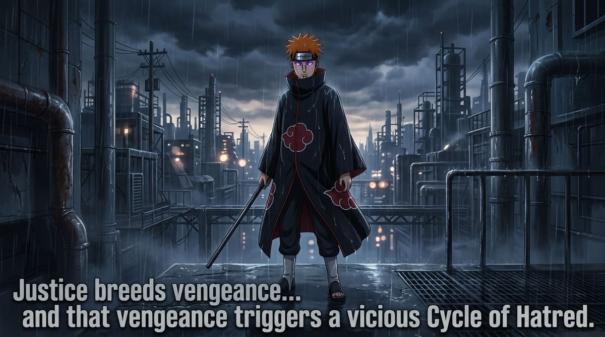 Pain in rain holding black receiver rod with quote Justice breeds vengeance Cycle of Hatred