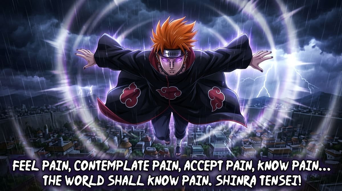 Deva Path Pain floating above Konoha with quote The world shall know pain Shinra Tensei