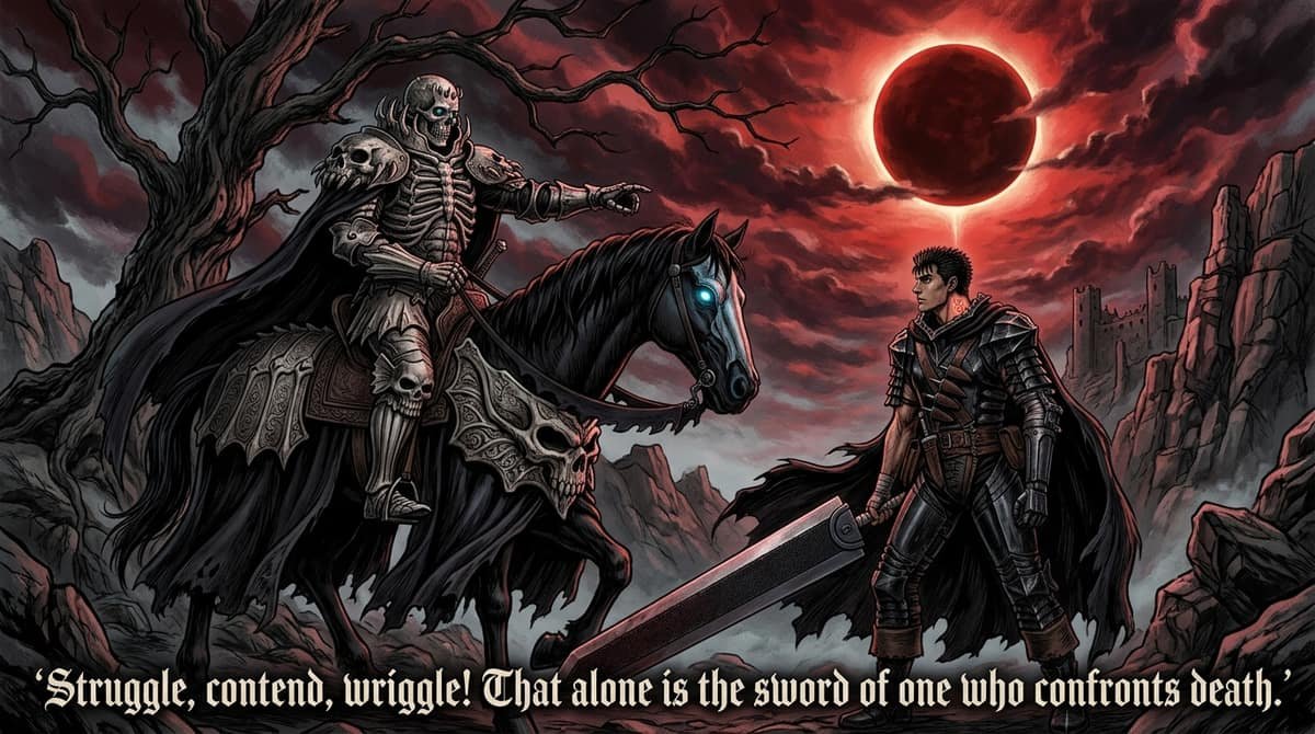 Skull Knight pointing at Guts under Eclipse with quote Struggle contend wriggle That alone is the sword of one who confronts death