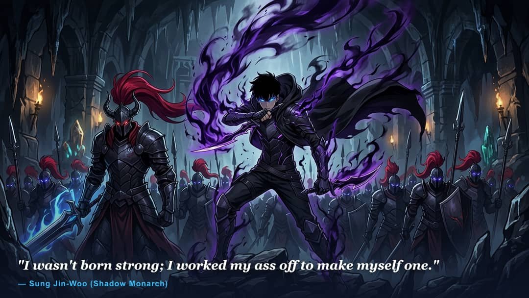 Sung Jin-Woo with glowing blue eyes holding daggers surrounded by Igris and his Shadow Army in a dark dungeon
