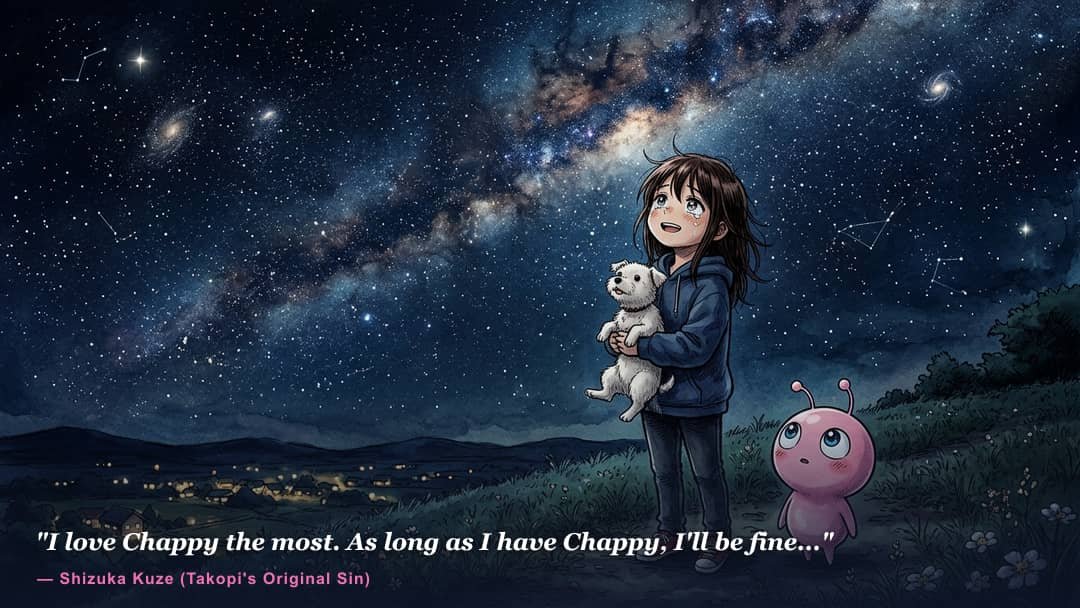 Shizuka crying holding her dog Chappy with alien Takopi looking up at a starry night sky in Takopi's Original Sin