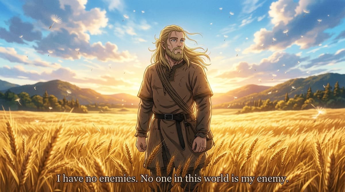 Thorfinn in wheat field with quote I have no enemies Vinland Saga Season 2