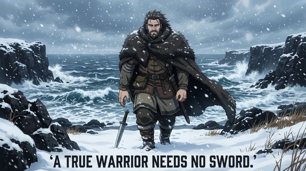 Thors Snorresson in snow with quote A true warrior needs no sword Vinland Saga