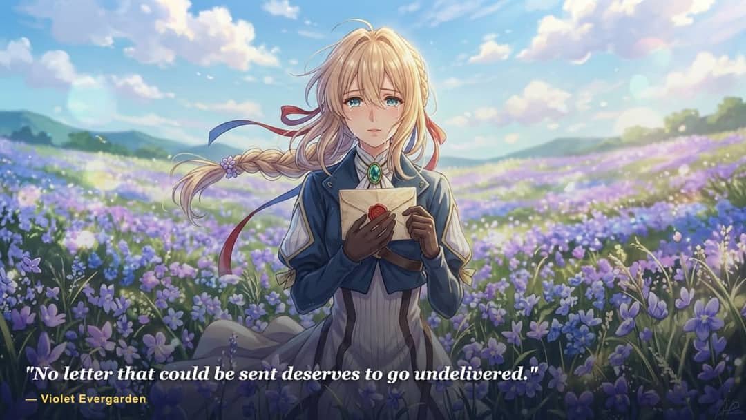 Violet Evergarden crying with tears while holding a sealed wax letter close to her heart in a violet flower field