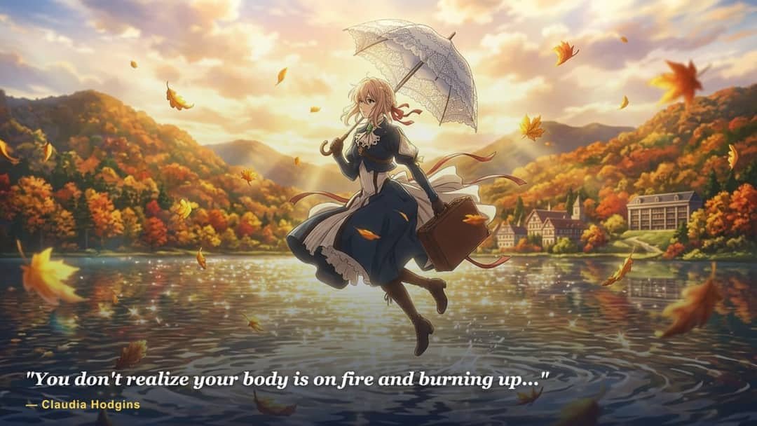 Violet Evergarden gracefully leaping across a sunlit lake with an open lace parasol and floating autumn leaves