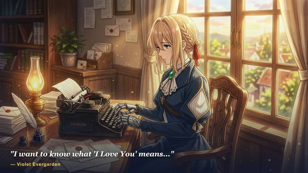 Violet Evergarden typing a heartfelt letter on a vintage typewriter with mechanical hands at sunset