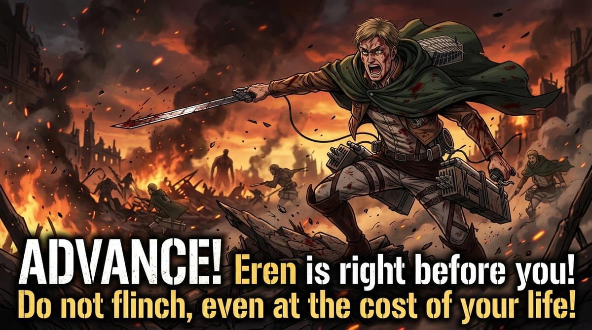 Commander Erwin pointing sword on battlefield with quote ADVANCE Eren is right before you Do not flinch even at the cost of your life