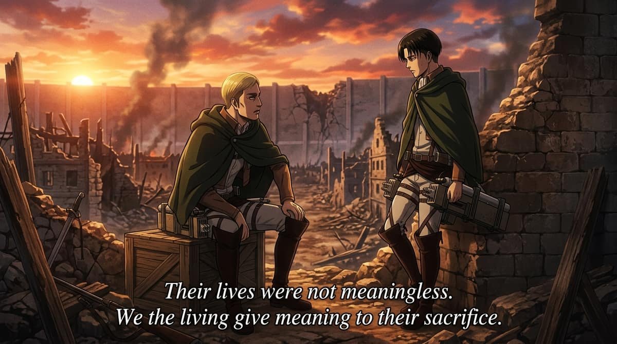 Erwin and Levi talking in ruins at sunset with quote Their lives were not meaningless We the living give meaning to their sacrifice