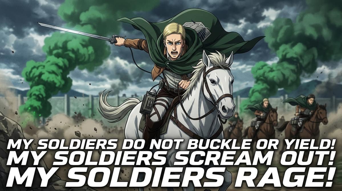Commander Erwin Smith on horseback during suicide charge with quote My soldiers do not buckle or yield My soldiers scream out My soldiers RAGE