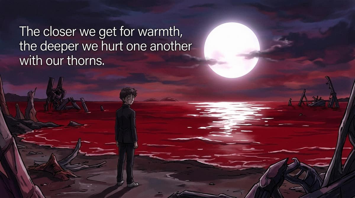 Shinji on shore of red ocean with quote The closer we get for warmth the deeper we hurt one another with our thorns