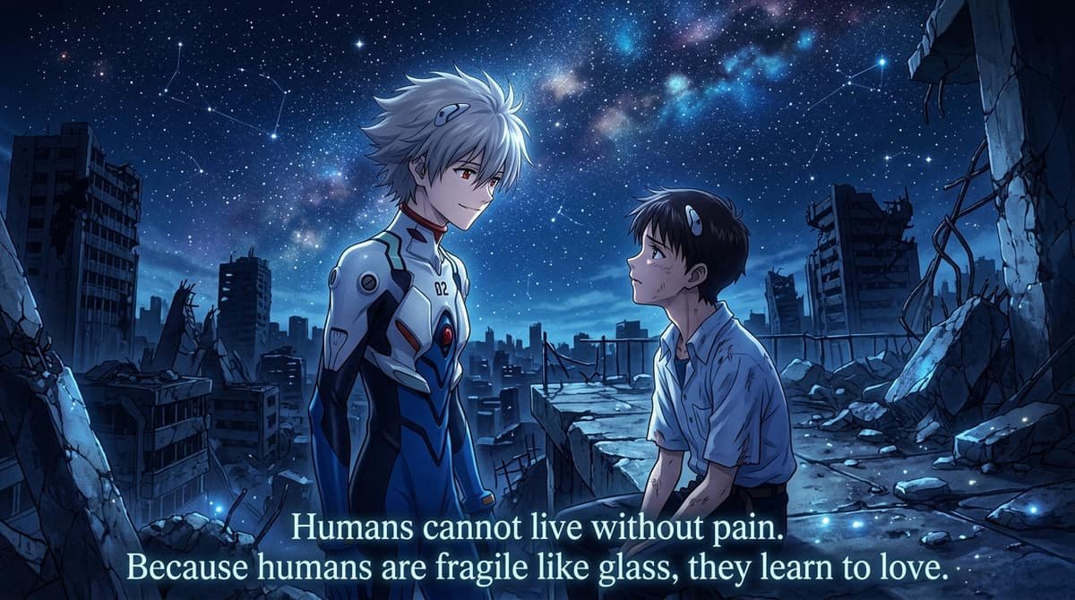 Kaworu and Shinji under starry night sky with quote Humans cannot live without pain Because humans are fragile like glass they learn to love