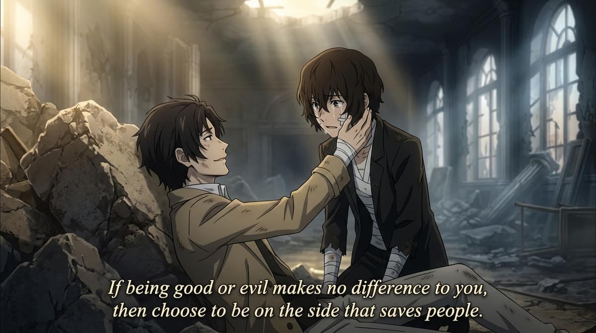 Odasaku touching young Dazai face with quote If being good or evil makes no difference to you then choose to be on the side that saves people