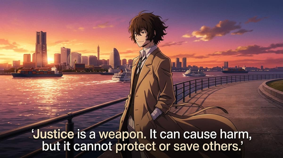 Dazai on Yokohama harbor at sunset with quote Justice is a weapon It can cause harm but it cannot protect or save others