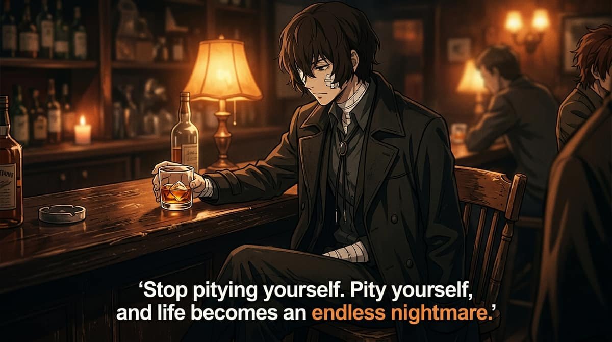 Osamu Dazai sitting at Bar Lupin with whiskey and quote Stop pitying yourself Pity yourself and life becomes an endless nightmare