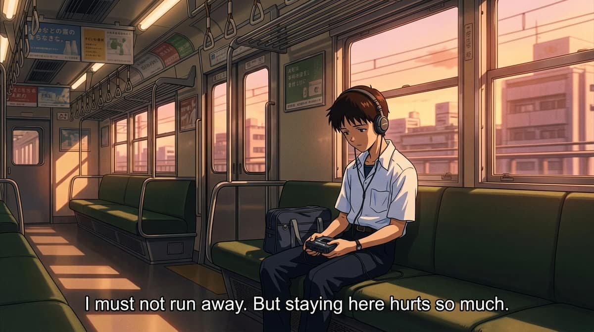 Shinji sitting alone in train car with headphones and quote I must not run away But staying here hurts so much