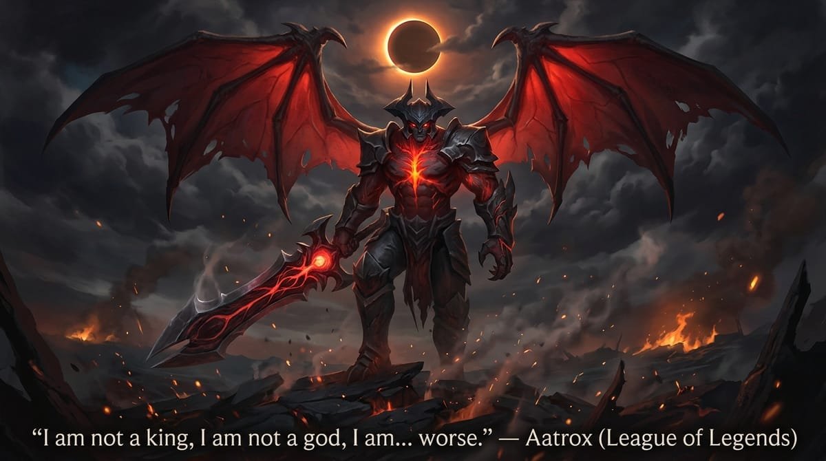 Aatrox the Darkin Blade standing on apocalyptic battlefield with glowing greatsword in League of Legends with quote I am not a king, I am not a god, I am... worse