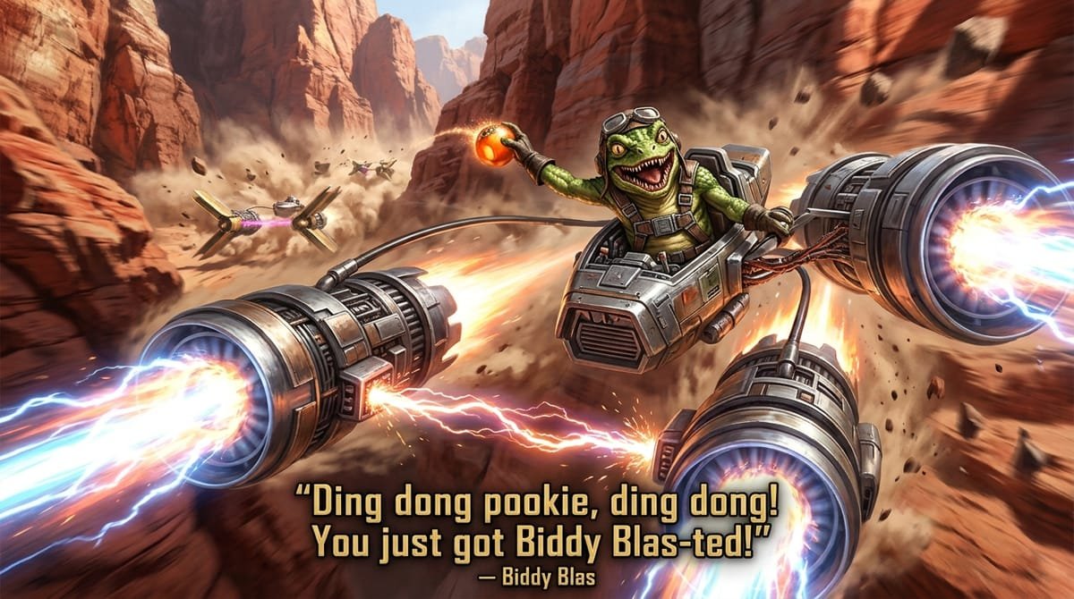 Biddy Blas podracing at Mach 1 through a canyon dropping a bomb with laughing face