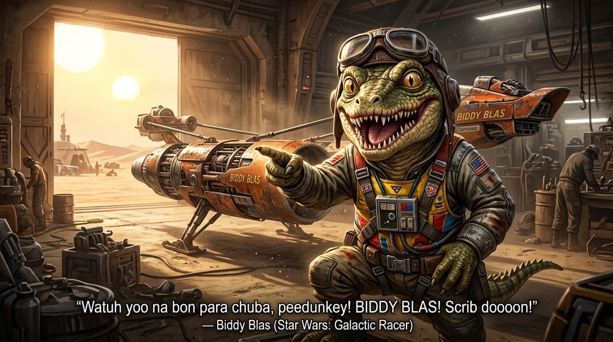 Biddy Blas the Crocin alien podracer shouting catchphrase in front of his ship with quote Watuh yoo na bon para chuba peedunkey