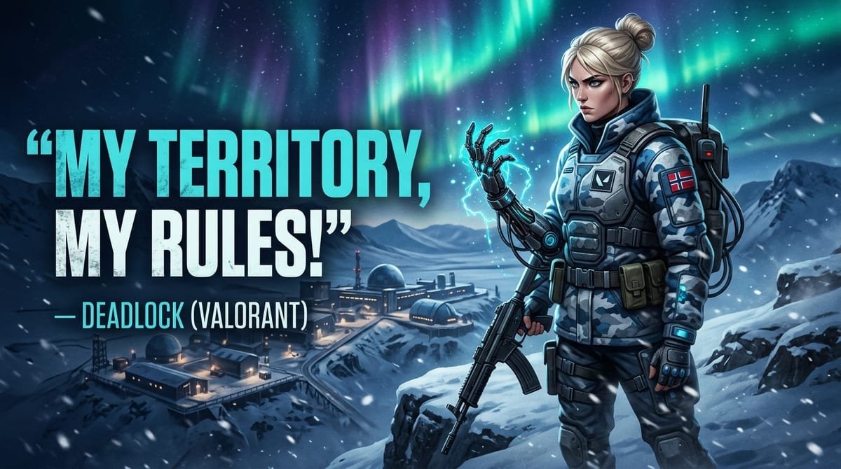 Deadlock Iselin Solem in tactical arctic gear overlooking Svalbard outpost with glowing cyan bionic arm and quote My territory, my rules!