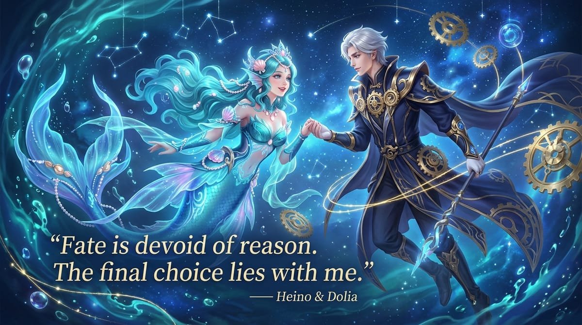 Dolia the mermaid princess and Heino the heir of fate in celestial starlight with quote Fate is devoid of reason. The final choice lies with me