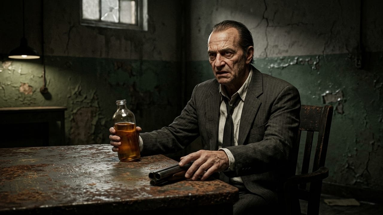 Cinematic character portrait of Franco Barbi holding his vintage baby bottle with pacifier and shotgun