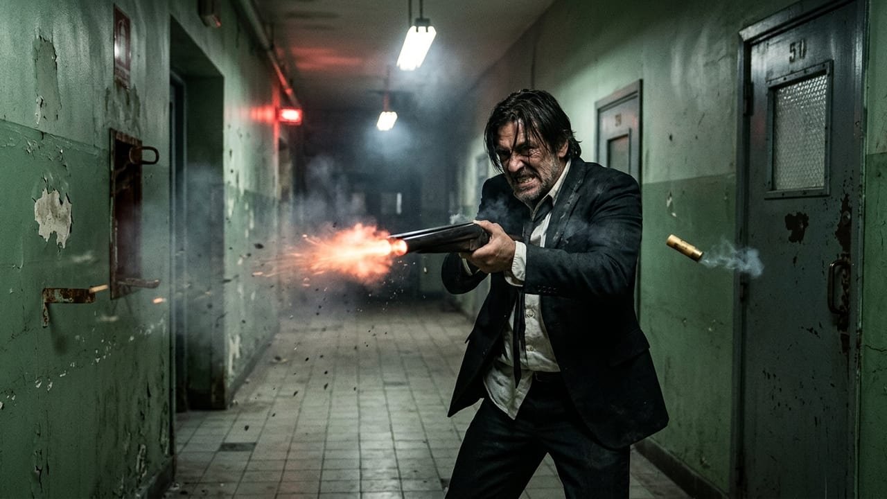 Franco Barbi firing his sawed-off Lupara shotgun with muzzle flash in a dark asylum hallway