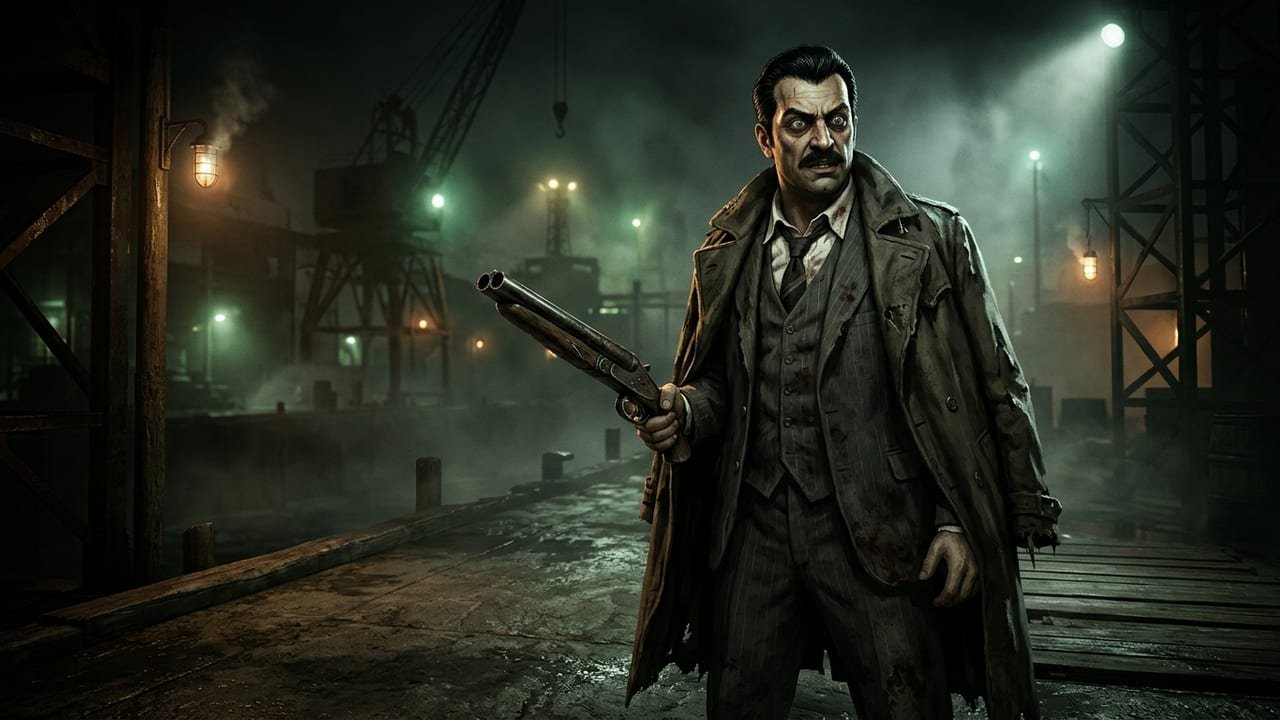 Franco Barbi Il Bambino standing in the foggy docks holding his sawed-off Lupara shotgun in The Outlast Trials