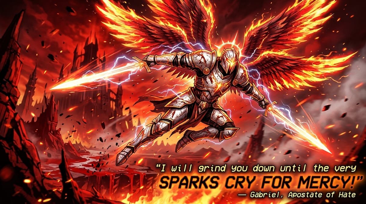 Gabriel Apostate of Hate burning with wrath and glowing swords in ULTRAKILL Act II
