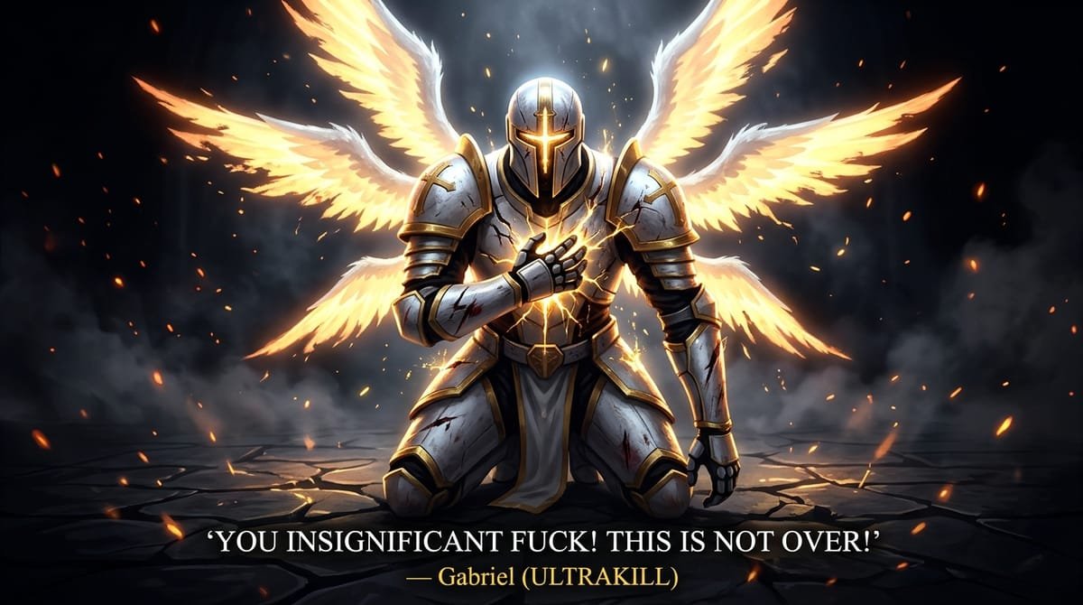 Gabriel kneeling in fury and existential shock after defeat in ULTRAKILL