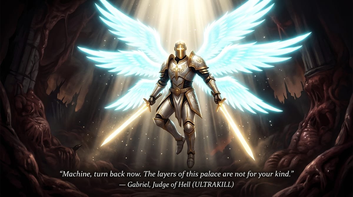 Gabriel Judge of Hell descending into the arena with twin holy swords in ULTRAKILL