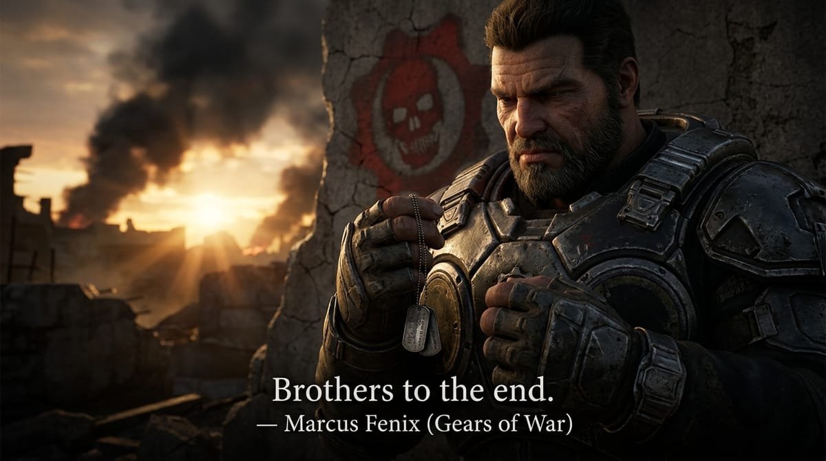 Marcus Fenix holding COG tags against an apocalyptic sunrise with Crimson Omen in Gears of War
