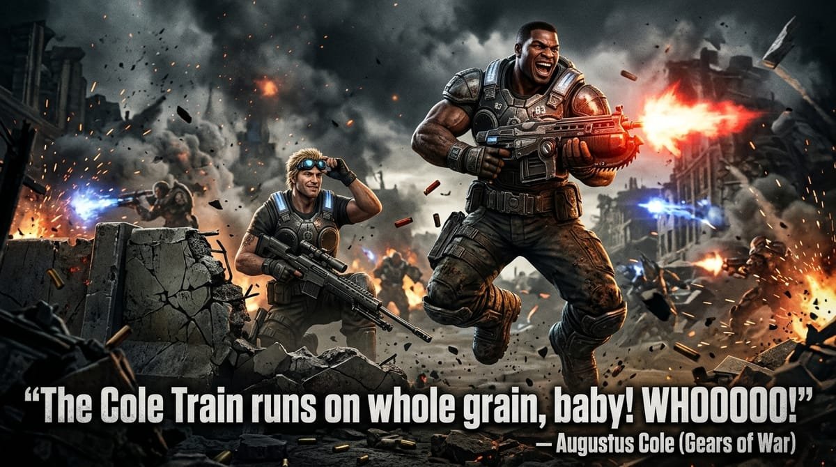 The Cole Train leaping forward with Gnasher shotgun while Damon Baird snipes from cover