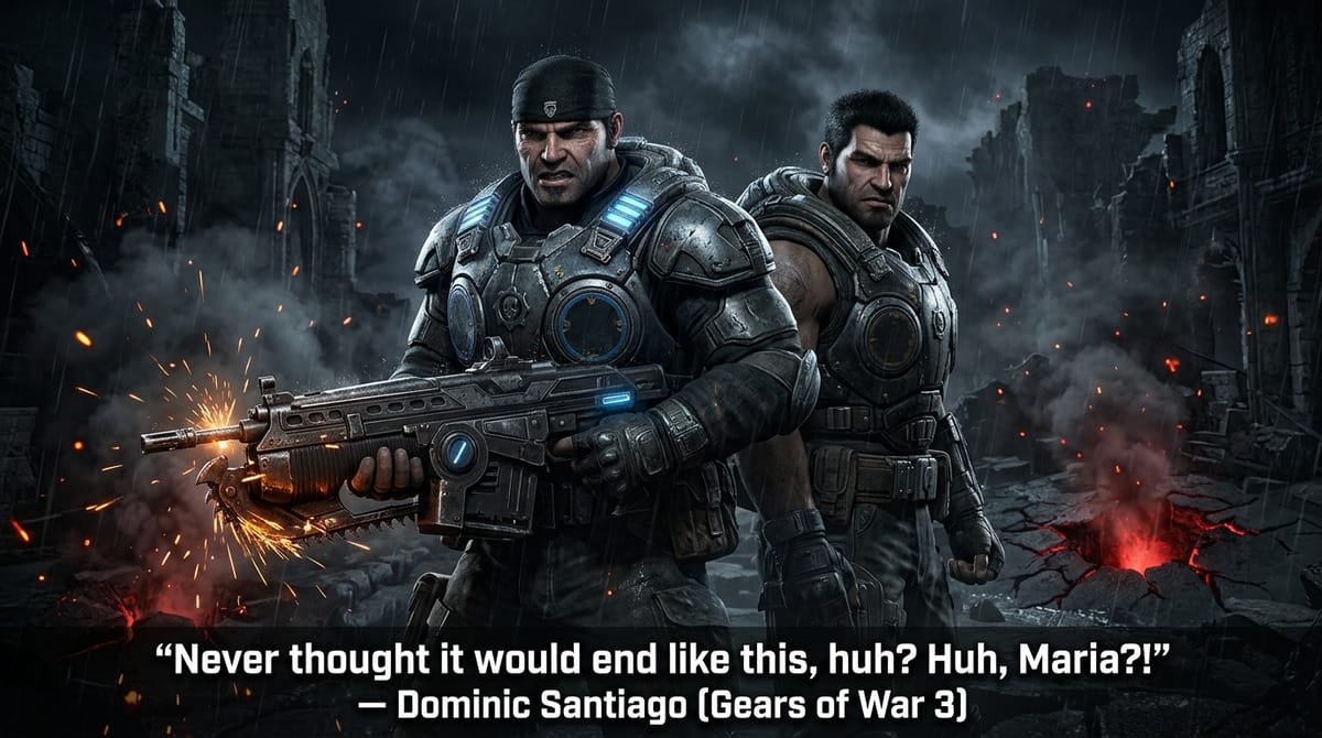 Marcus Fenix and Dominic Santiago fighting back to back in the ruined streets of Sera in Gears of War
