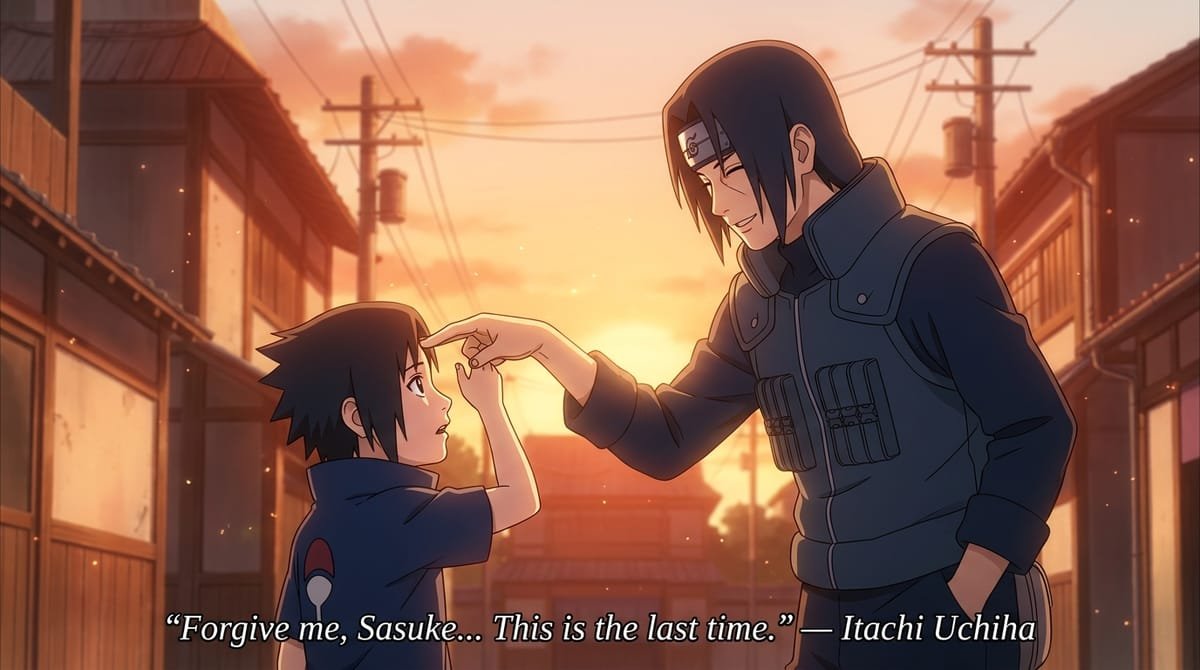 Itachi poking younger Sasuke forehead during sunset with quote Forgive me Sasuke this is the last time
